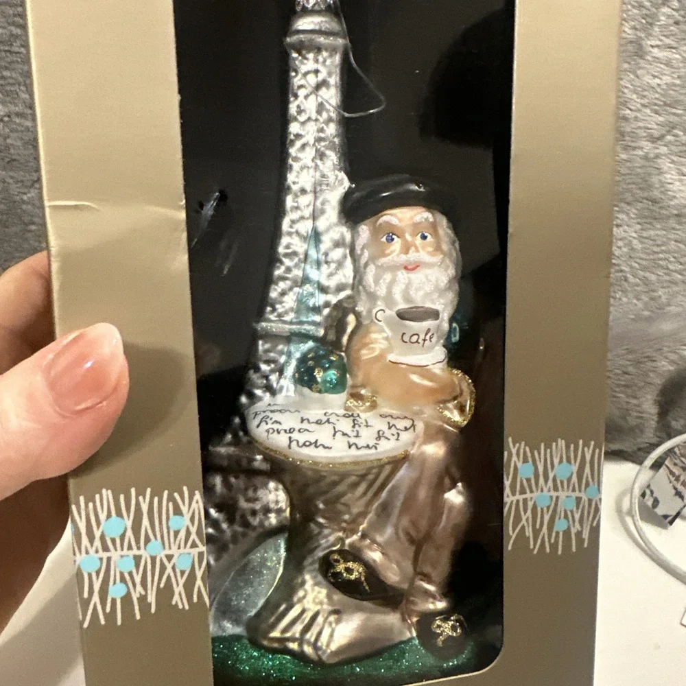 Santa Enjoying A Latte Eiffel Tower Dillard's Trimmings Glass Christmas Ornament